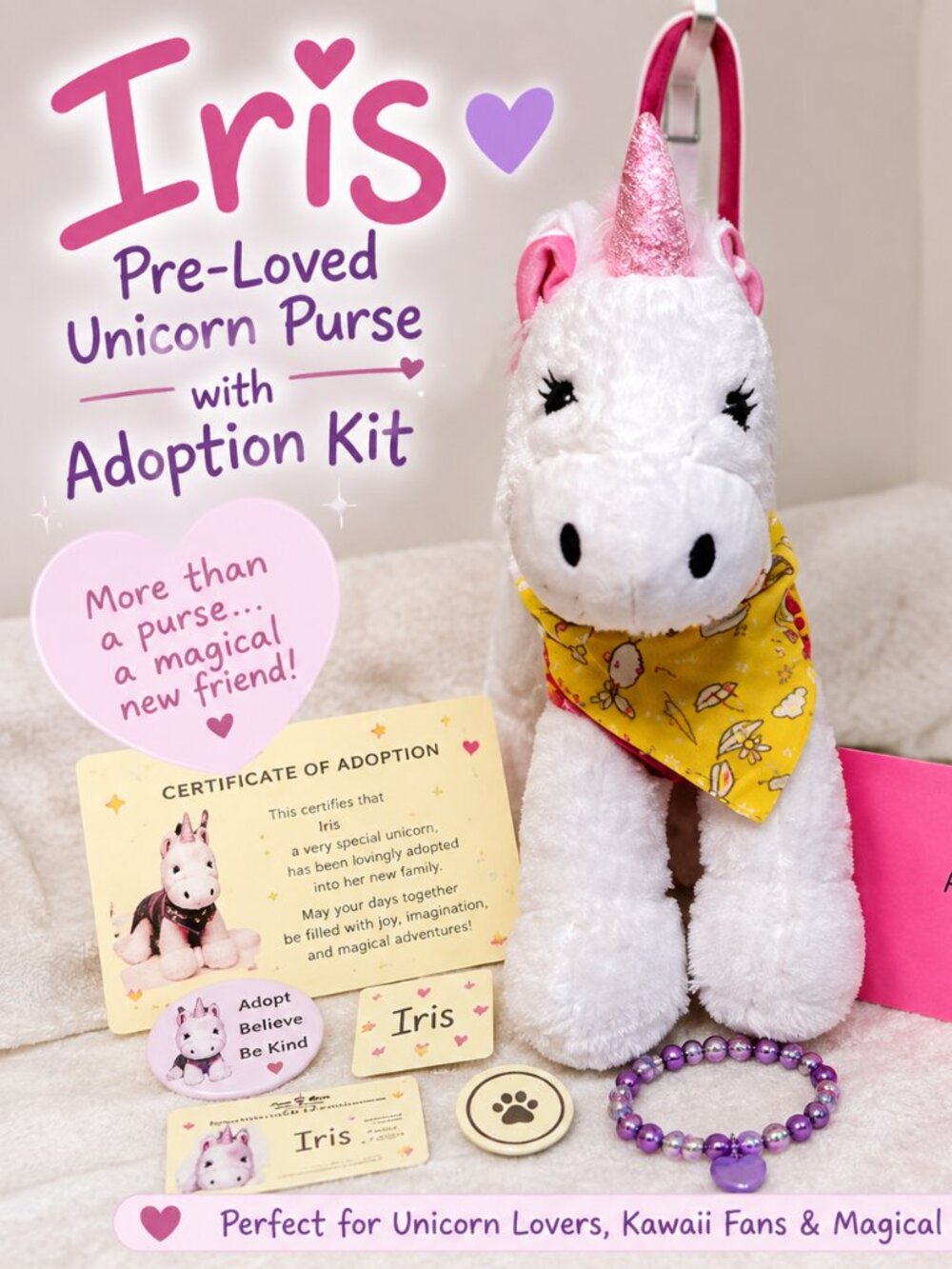 Iris Pre-Loved Unicorn Purse with Adoption Kit | Kawaii Gift Set